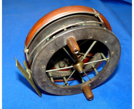 REEL: Early Coxon Aerial  4" wood backed narrow drum Centrepin reel, model 4104, 6 spoke, no tension regulator, ebonite drum 