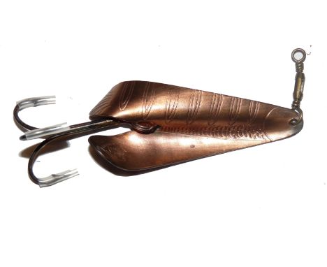 LURE: Allcock Geens Patent Combination spoon lure, 3.25" body length, copper finish with scale effect, tail fin stamped with 