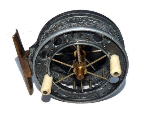 REEL: Allcock's Aerial 6 spoke alloy centre pin reel with double ventilated front plate, 3.5" diameter drum, twin white handl