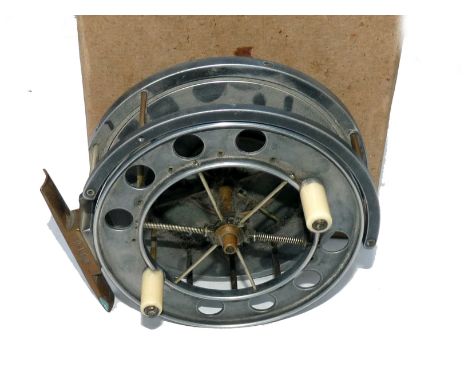 REEL: Fine early Allcock Aerial alloy trotting reel, 4.5" diameter, face plate stamped "Patent" with 8 large perforations, po