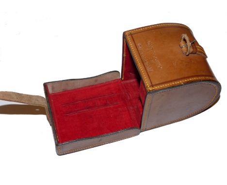 REEL CASE: Fine Hardy block leather fly reel case to take Hardy Perfect wide drum salmon fly reels to 4.25" diameter, fine br