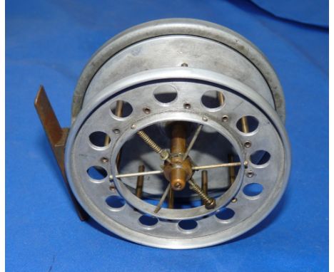 REEL: Unusual Allcock Aerial Popular  4" Centrepin batting reel, aluminium extra wide drum measuring 1.25" between plates, 12