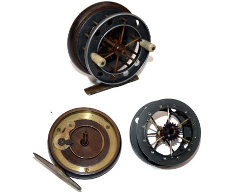 REEL: Rare Allcock's 3" Improved Coxon Aerial reel, 6 spoke with tension regulator, twin white crazed handles, ventilated dru