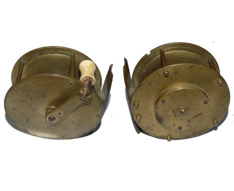 REEL: Early all brass folding handle salmon winch. 4" diameter, 1.25" wide, straight brass crank arm with ivory handle on fol