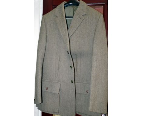 JACKET: John Brocklehurst Bakewell The Keepers Tweed Jacket, size 42" long, green satin lined, small repair needed to inside 
