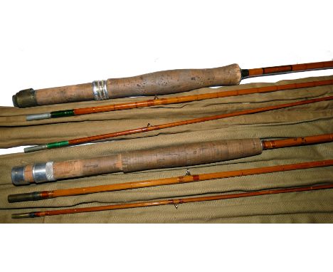 RODS: (2) Pair of Ogden Smith of London split cane trout fly rods, an 8'6" 3 piece model with low bridge guides whipped red/g