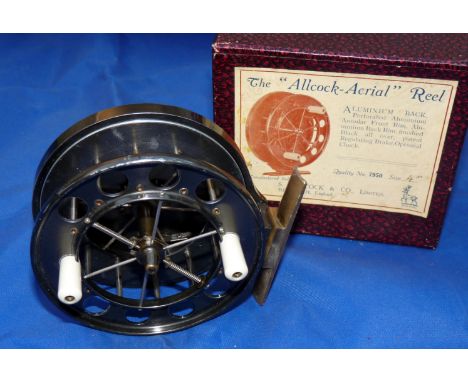 REEL: Fine Allcock 4" wide drum ventilated Aerial reel, 8 large ventilations to front flange, white handles, 6 spoke with ten