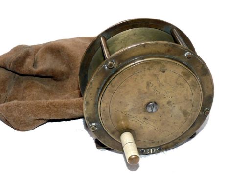 REEL: Interesting J MacGowan all brass salmon fly reel, 4 Brunton St, Berkeley Square London address to face plate, extended 