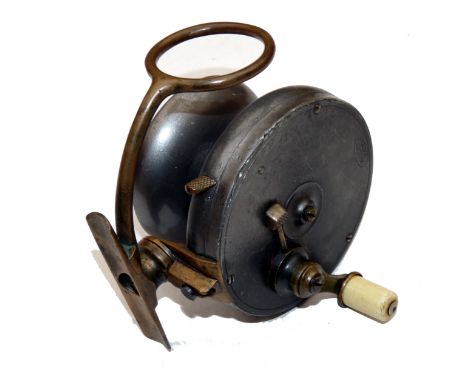 REEL: Rare Malloch multiplier alloy side casting reel, 4" diameter backplate, off set geared crank handle, slide lock pin, si