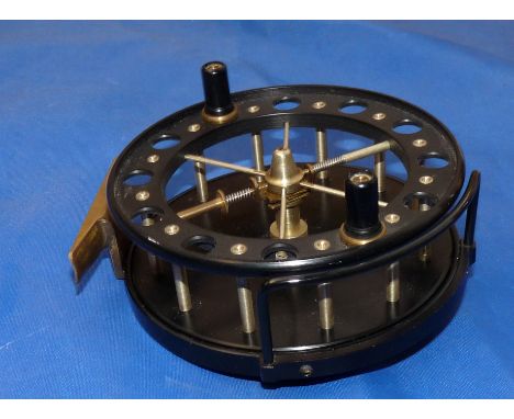 REEL: Modern 4.5" alloy Aerial pattern trotting reel, in as new condition, LHW, 6 spoke with tension regulator, factory BP li