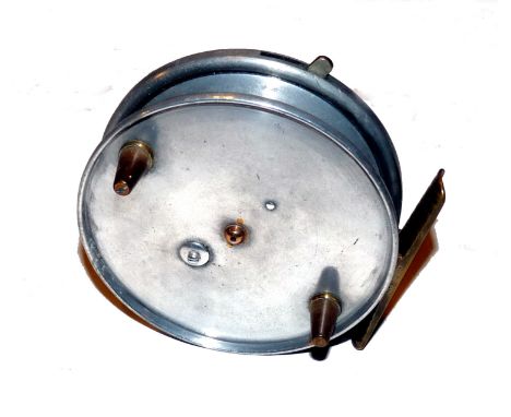 REEL: Hardy Wallis 4" alloy Centrepin trotting reel, twin tapered black handles, red agate spindle bearing, button spool rele