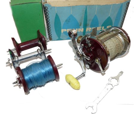 REEL & SPOOL: (3) Vintage Penn Squidder sea multiplier reel, wide drum with free spool, star drag and ratchet brake, fine con