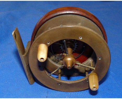 REEL: Extremely rare 3", 3 spoke wood backed Coxon Aerial reel, no tension regulator, ebonite drum face stamped "Patent", twi