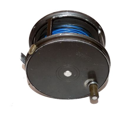 REEL: Hardy Perfect 4.25" diameter alloy salmon fly reel, black handle, rim tension regulator, correct ribbed alloy foot, ret