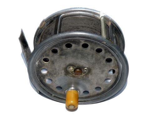 REEL: Early Hardy Uniqua alloy salmon fly reel, 4.5" diameter, wide drum, Duplicated Mk2 check, stubby ivorine handle, horses