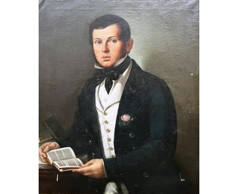 MID 19TH CENTURY SCHOOL  Portrait of a young man holding a book,  oil on canvas, unsigned, 80cm x 67cm, framed. Condition Rep