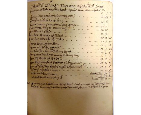 [DOCUMENTS]. AN EARLY-MID 18TH CENTURY MANUSCRIPT ACCOUNT BOOK  circa 1711-1758, including assessments for 'ye poor' and land