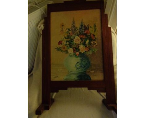 HAND PAINTED OIL GUARD 34"" 21"" SIGNED E A PEARCE MAHOGANY SURROUND