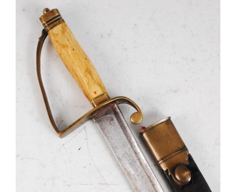 A George III spadroon, having a 74cm curved fullered blade with brass stirrup hilt and ivory grip, housed in a brass mounted 