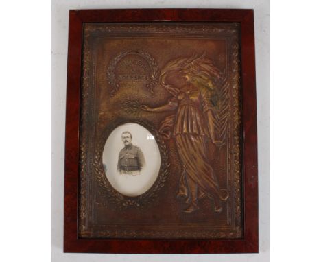 A WW I French pressed brass memorial plaque depicting Gallia in winged helmet with legend "1914 1915 A Nos Heros" with apertu