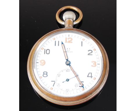 An Omega military issue nickel cased open face pocket watch, having an enamel dial with Arabic numerals and subsidiary second
