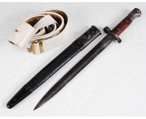 A British 1903 pattern bayonet, the 30.5cm double edged blade stamped to the ricasso with a crowned ER cypher 1903 with ED fo