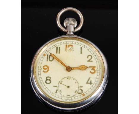 A military issue nickel cased open face pocket watch, having an enamel dial with Arabic numerals and subsidiary seconds dial,