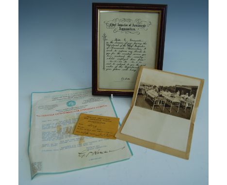A small collection of WW II ephemera to include Chief Inspector of Armaments Ammunition certificate, naming Miss G. Cornwell 