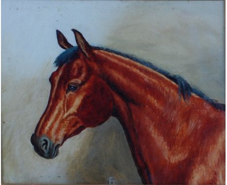 English school, early 20th century, Portrait of a bay horse, oil on card, together with the companion, a pair, each monogramm