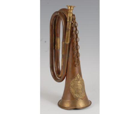 A copper and brass bugle with Argyll &amp; Sutherland Highlanders applied crest, 29cm.