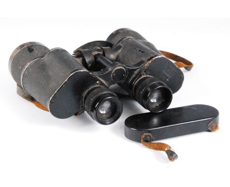 A pair of WW II German Dienstglas 10 x 50 binoculars no. 2209628, with bakelite lens covers.