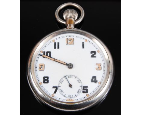 A military issue nickel cased open face pocket watch having an enamel dial with Arabic numerals and subsidiary seconds dial, 