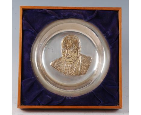 A silver plate "The Churchill Centenary Trust Plate" designed by David Cornell, the centre with relief head and shoulders por
