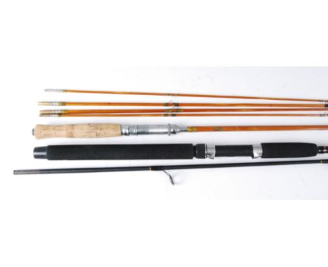 A collection of eight various fishing rods to include Carp Stalker two piece carbon rod, Jarvis Walker John Wilson Mirage 10'