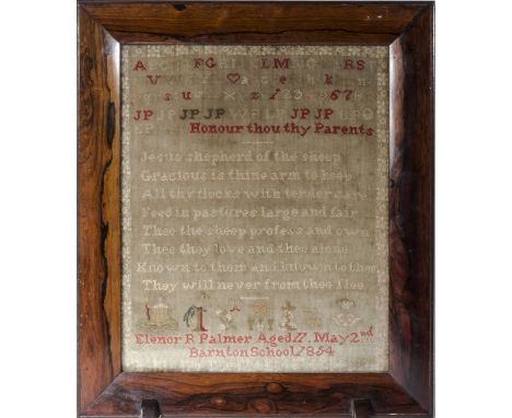 A rosewood framed sampler Honour Thou Thy Parents by Elenor R Palmer aged 11 Barnton School 1854, 42cm x 34cm