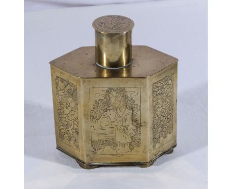 A Chinese brass tea caddy with engravings to all sides