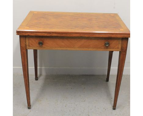 19TH CENTURY CONTINENTAL GEOMETRICALLY INLAID AND BANDED FOLD OVER STRAIGHT FRONTED CARD TABLE in mixed woods, opening to rev