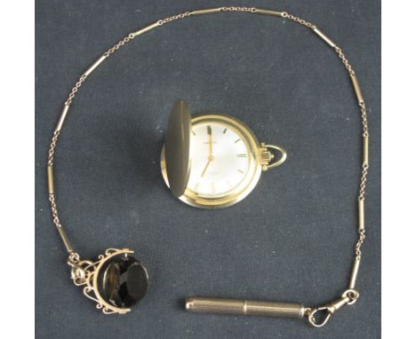 9CT GOLD MARVIN SLIM HUNTER DRESS POCKET WATCH together with fine 9ct gold bar and chainlink watch chain, gold engine turned 