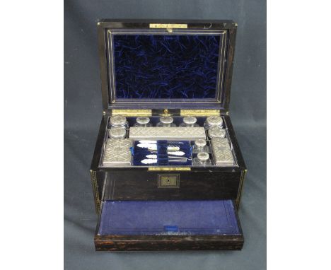 VICTORIAN COROMANDEL BRASS INLAID AND BOUND LADY'S VANITY BOX revealing fitted interior containing assorted engraved silver t