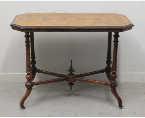 VICTORIAN WALNUT RECTANGULAR SHAPED STRETCHER TABLE having ebonised edge with amboyna burl wood band to the top with canted a