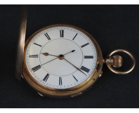 18CT GOLD KEYLESS HUNTER LEVER POCKET WATCH having enamel face with Roman numerals and sweep seconds hand, the movement unmar