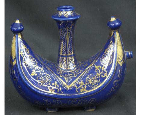 CHINESE PORCELAIN OVERALL BLUE GLAZED, BOAT SHAPED FLASK with central handle/neck, overall with foliate and scrolled, gilded 