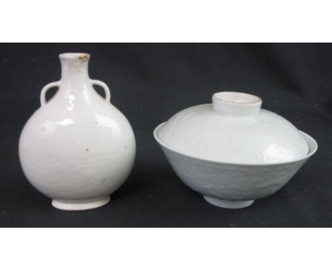 CHINESE WHITE GLAZED, LIDDED BOWL AND SIMILAR WHITE GLAZED MINIATURE MOON FLASK, both with Anhua hidden foliate decoration, t