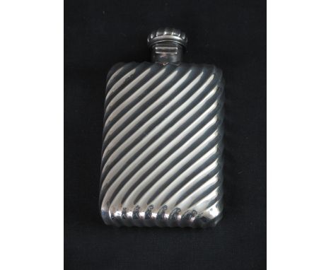 VICTORIAN SILVER RIBBED GENTLEMAN'S HIP FLASK with screw top, London 1889, maker's mark: Sampson Mordan.  5 Troy ounces appro