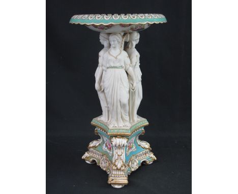 19TH CENTURY COPELAND FIGURAL TABLE CENTRE in the form of three standing females above tripod scrolled base having hand paint