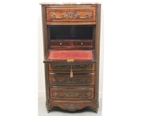 CONTINENTAL STYLE WALNUT AND ROSEWOOD BANDED BOW FRONTED SECRETAIRE CHEST of four drawers with further blind double drawer fr