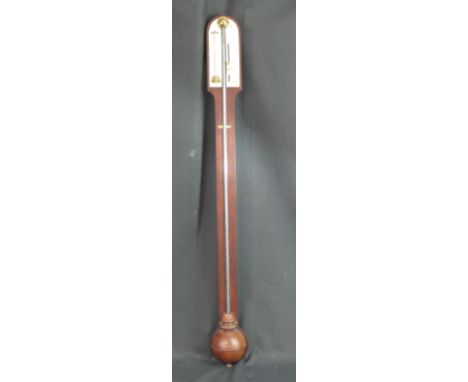 19TH CENTURY MAHOGANY STICK BAROMETER, unnamed, ivory scale with plain body and grenade shaped reservoir.  91.5cm high. CONDI