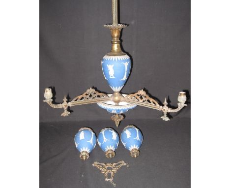 LATE 19TH CENTURY SILVER PLATED AND WEDGWOOD PALE BLUE JASPER THREE BRANCH CHANDELIER LIGHT FITTING, the frame overall engrav