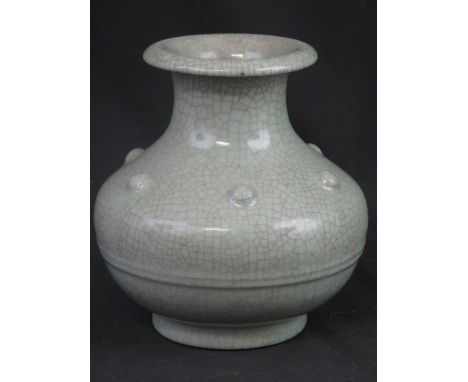 CHINESE STONEWARE CELADON GLAZED BALUSTER VASE in the form of an archaic bronze vase with overall crackle glaze and six chara