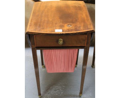 EDWARDIAN SATIN WOOD CROSS BANDED AND STRUNG INLAID DROP LEAF LADIES WORK TABLE having frieze drawer and fabric bag, standing